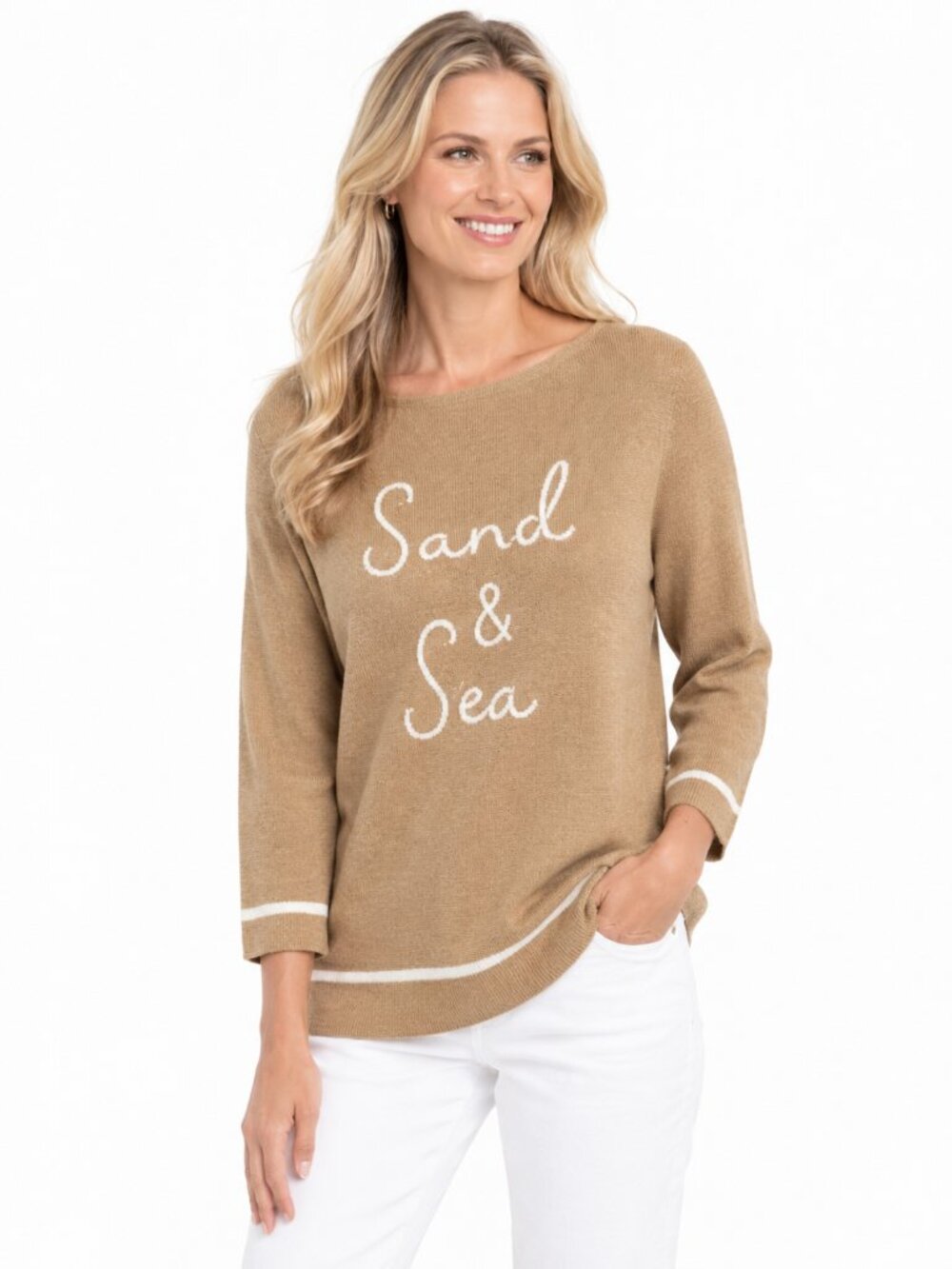 J. Jill Linen Blend Sand and Sea Knit Lettering Light Sweater Tan XS #A4616